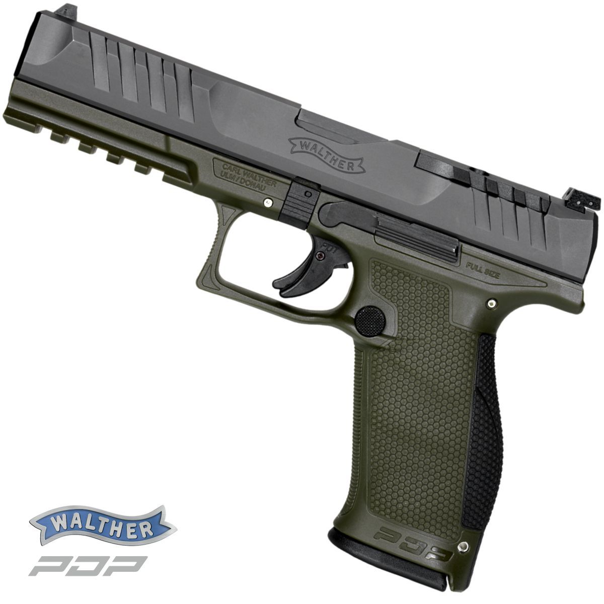WALTHER PDP FULL SIZE OD GREEN 5‘‘, 9 MM LUGER, PISTOLE SAMONABÍJECÍ